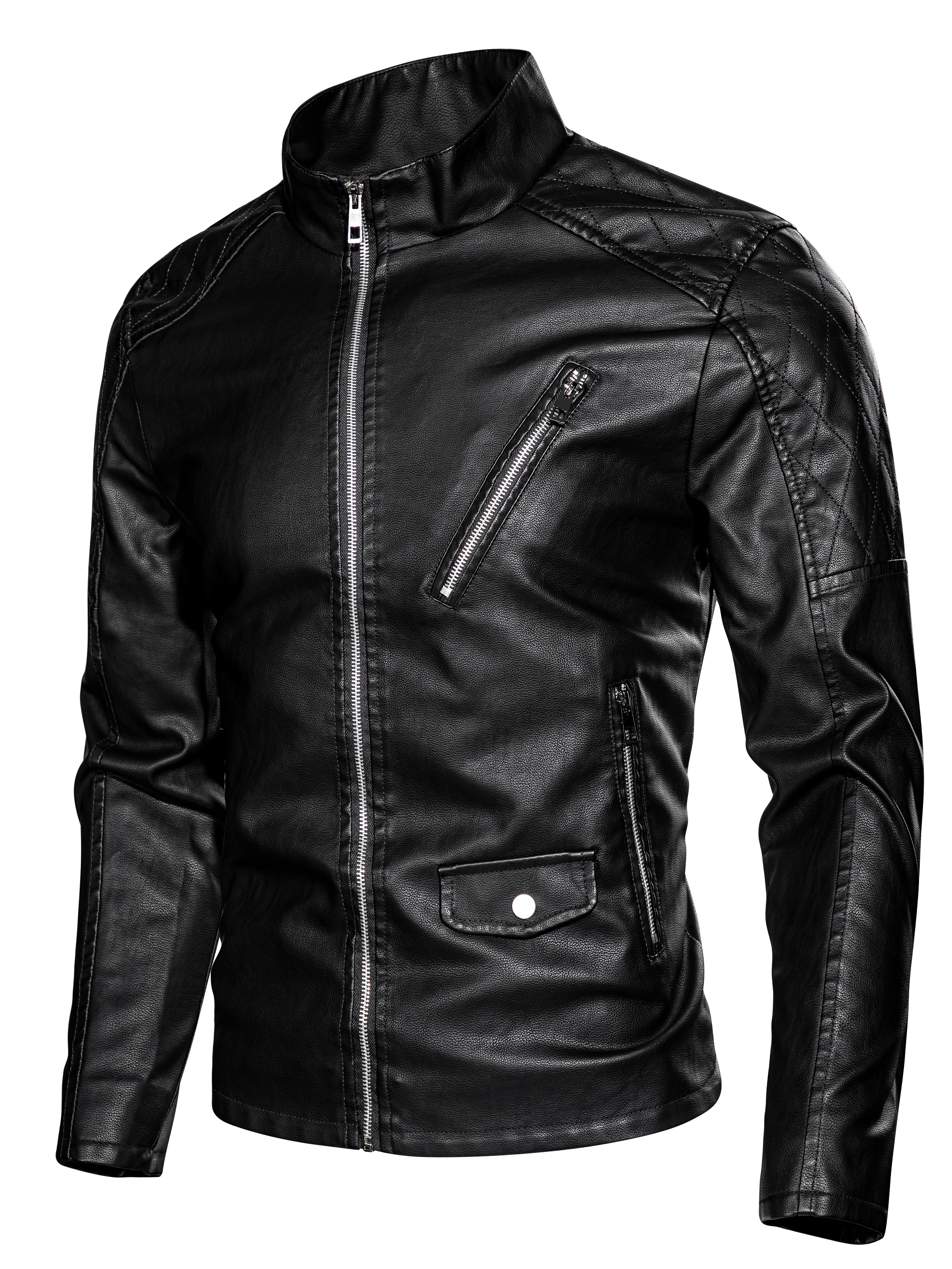 Modern Men’s Faux Leather Motorcycle Jacket – Minimalist Stand Collar Design, Lightweight Urban Wear