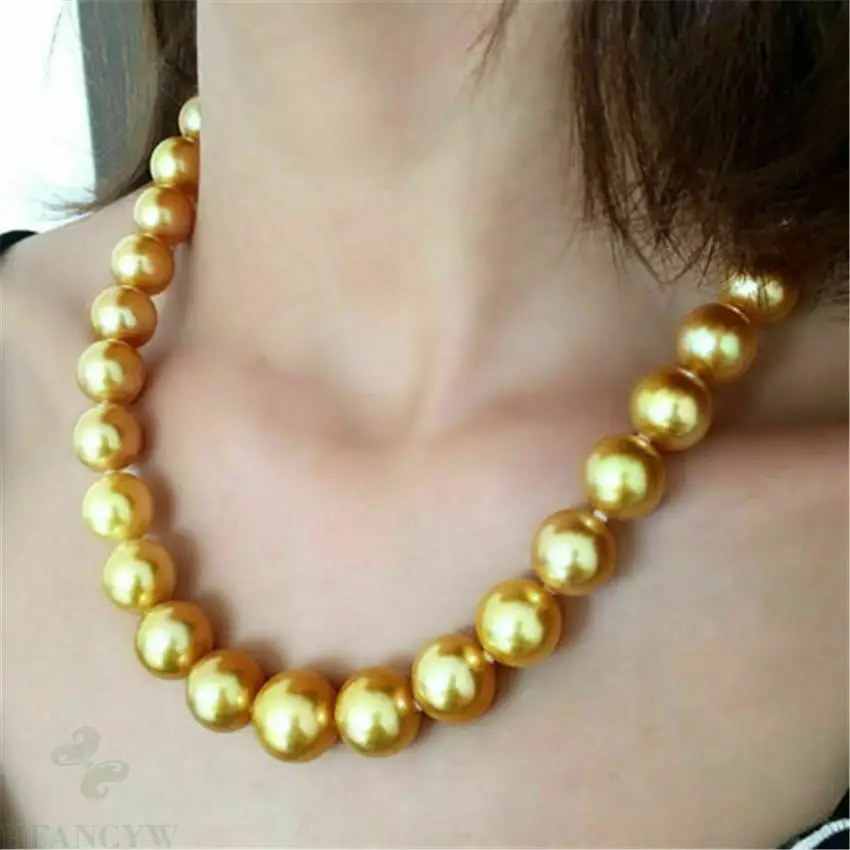 

Huge 16mm south sea shell pearl round golden pearl necklace 18 inch accessories aurora classic irregularity cultivation