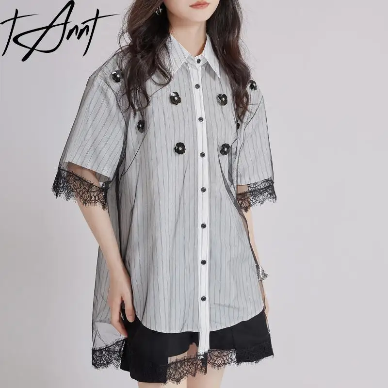 

Tannt Women Shirt Blouse Lace Patchwork Black White Loose Long Blouse Tops Women Loose Casual Fake Two-piece Shirt Tops 2025