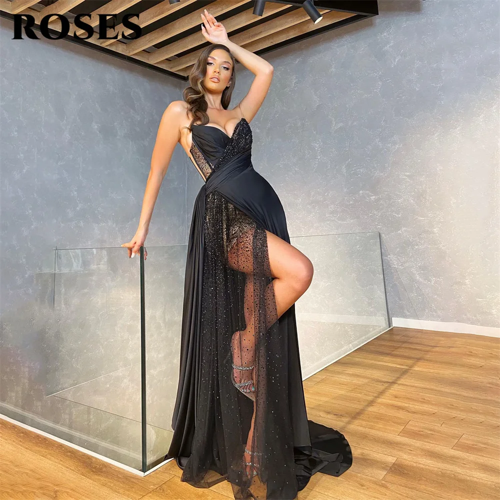 ROSES Sexy Black Evening Dress Sweetheart Beach Satin Party Dress Lace Glitter Mermaid Prom Dress Sexy Side High Split 프롬드레스