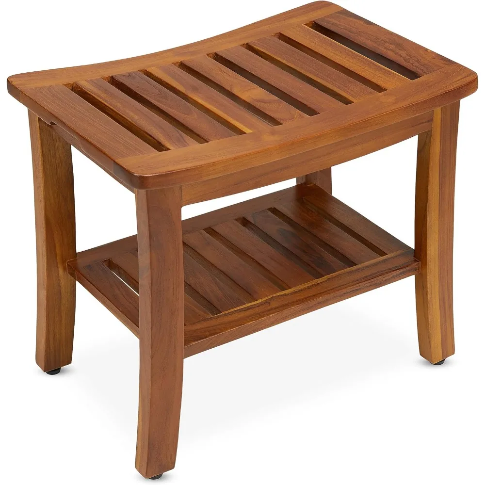 Teak Shower Bench 21 Inch, Fully Assembled Wood Bath Stool for Shower & Spa