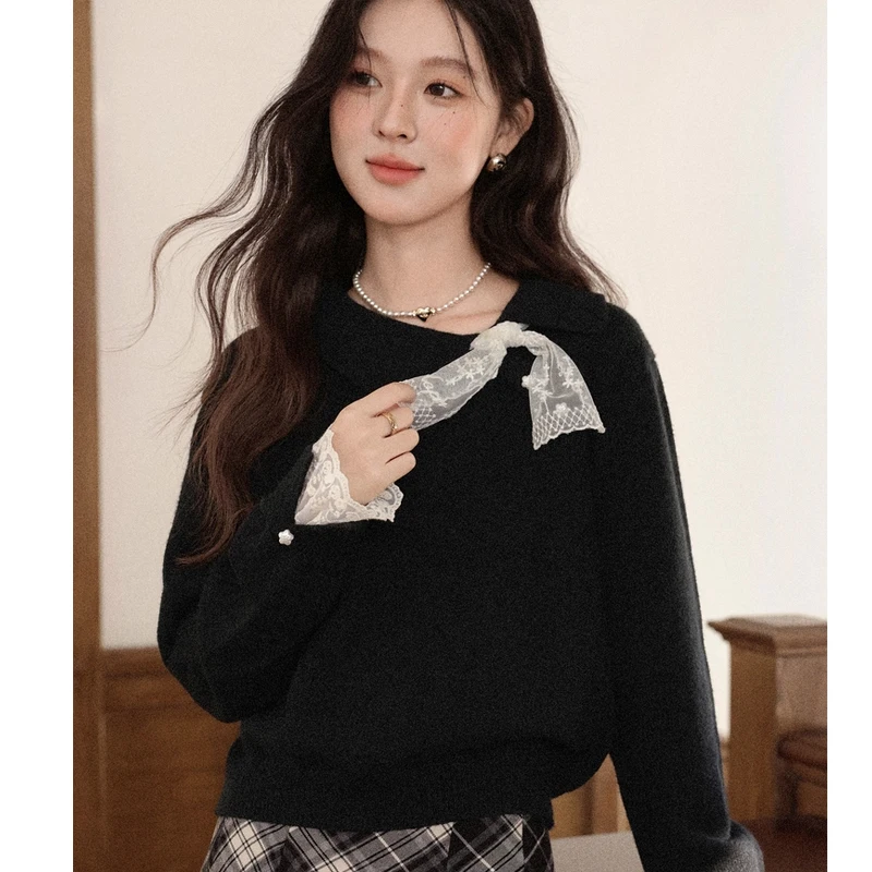 ALXNAN Black Sweater Autumn New Casual Lace Stitching Elegant Sweet Sweaters 2025 Fall Casual Loose-fit Long Sleeve Tops L57319