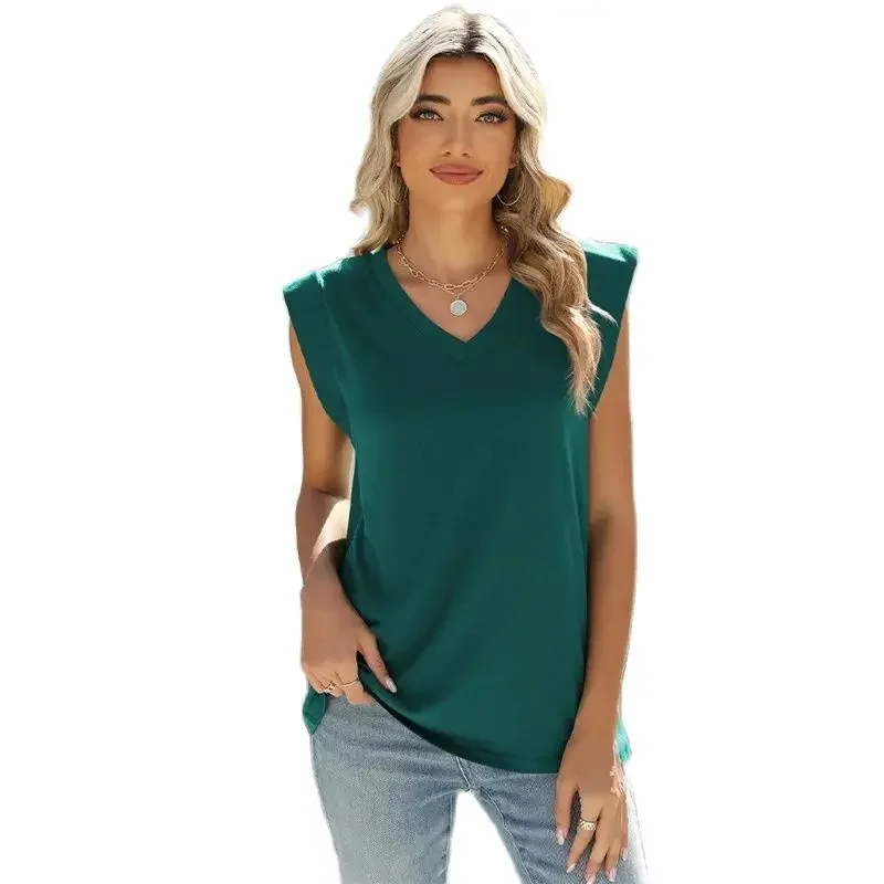 

Fashion Solid Color Ultra Short Flying Sleeve T-Shirt Women Comfortable Casual Commuter Loose V Neck Top Summer Female Tees Vest