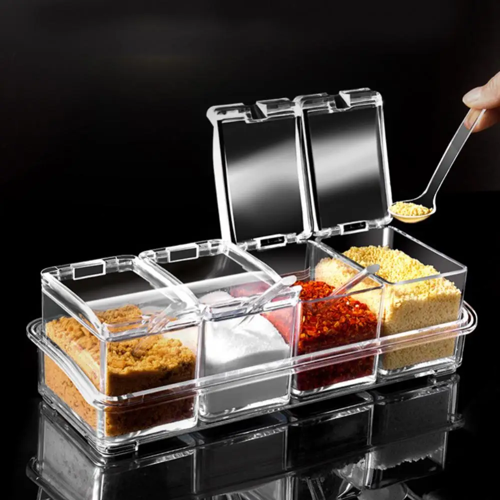 3/4 Grid Seasoning Jar with Spoon Acrylic Transparent Sugar Salt Box Kitchen Spice ContainerKitchen Organizer Storage Boxes