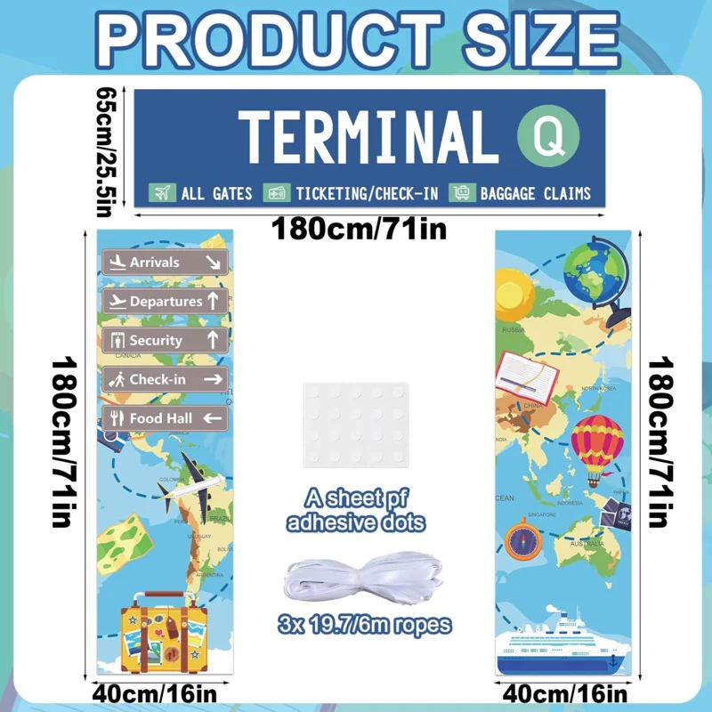 2D flat banner 3pc, airport terminal entrance banner decoration, airplane travel world map hanging background, party photo prop,