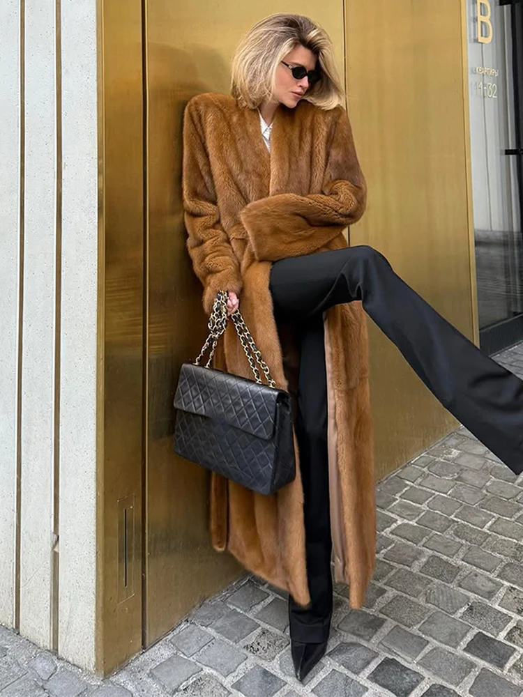 رداء أصفر مفتوح الكتف العادي مع حزام صديق للبيئة من الفرو سميك وأكمام طويلة ملابس خارجية للسيدات معطف كاجوال عتيق #5