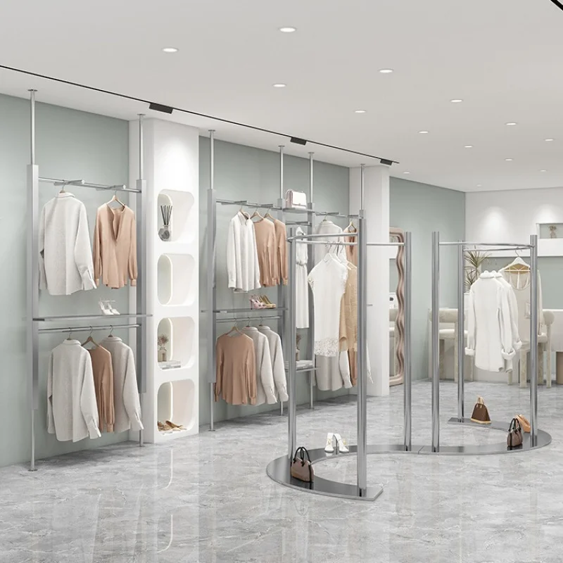 Custom. Stainless Steel Wall-Mounted Shelf Column Men's Women's Clothing Store Double Layer Clothes Rack Display Rack Clothing S