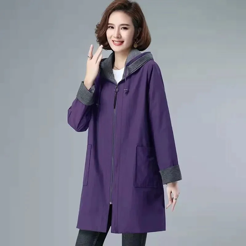 

New Autumn Women's Jacket Lining Mid Long Overcoat Casual Loose Basic Coat Hooded Windbreaker Female Loose Jackets Outwear
