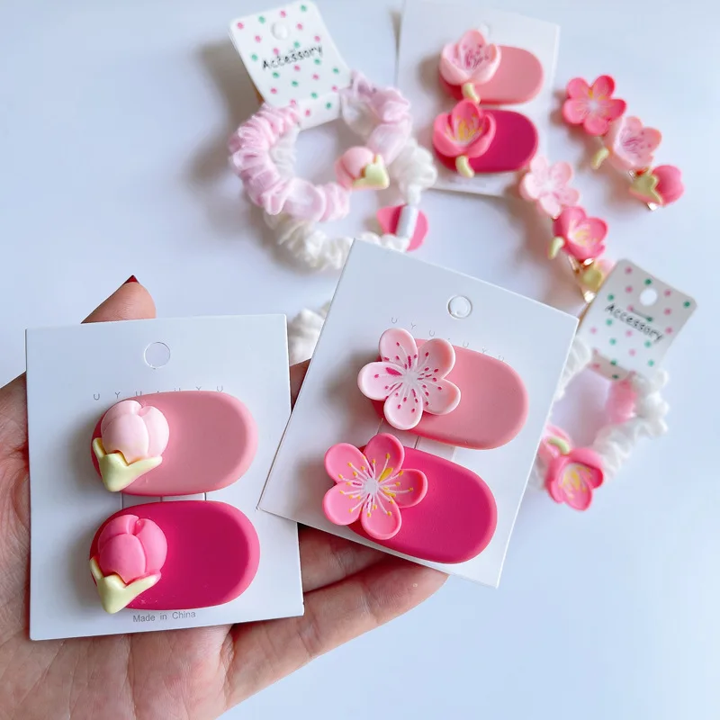 New Sweet Girly Pink Flowers Kids Hairpins Children Headwear Baby Cute Hair Clips Headdress Girls Accessories Elastic Hair Bands