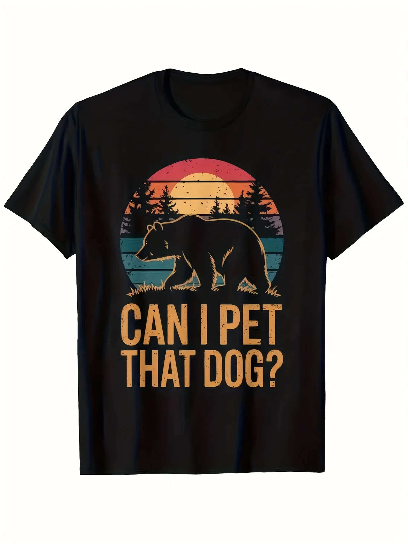 

Bear Can I Pet That Dog Retro Sunset Graphic Men's Cotton T-Shirt Funny Outdoor Casual Tee
