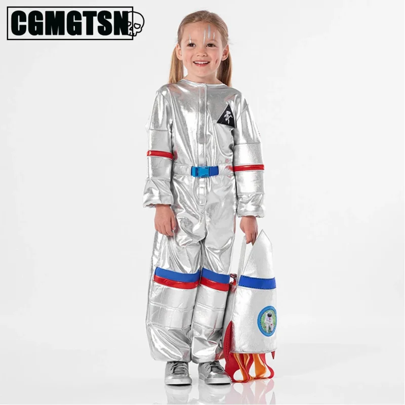 Cgmgtsn Silber Spaceman Overall Jungen Astronauten Kostüm und Tasche für Kinder Halloween Cosplay Kinder Karneval Party Kostüm