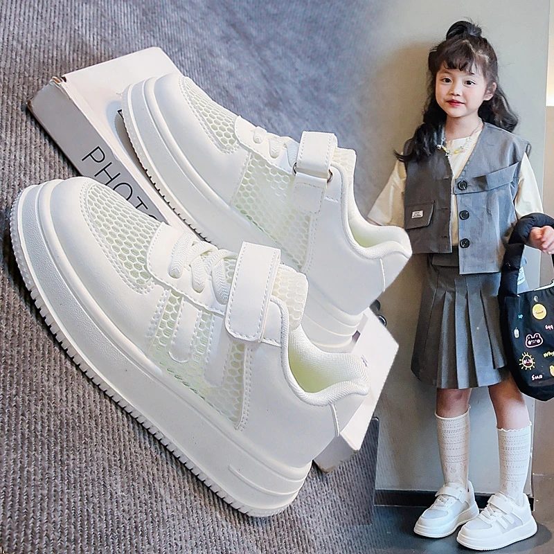 

Новинка осени 202, детская белая обувь для мальчиков, кроссовки, дышащая сетчатая обувь для девочек, повседневные полые кроссовки
