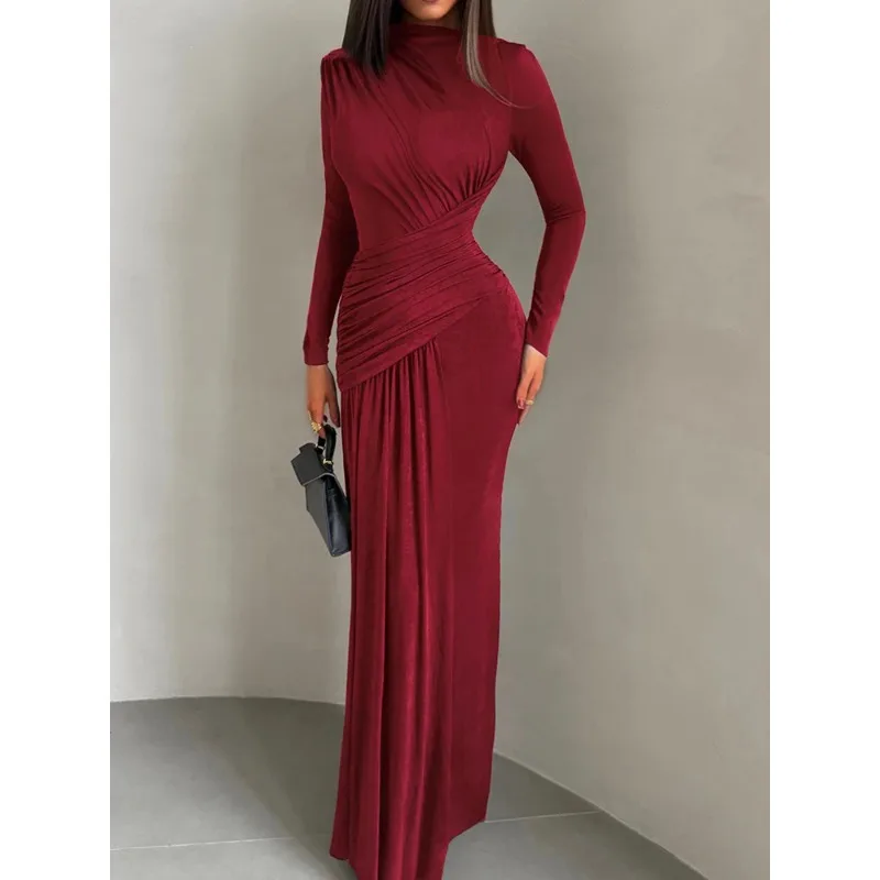 

Folds Maxi Dress Women o-Neck Full Sleeve Solid Banquet Elegant Vacation Fashion Autumn Skinny Casual Simple Vestido