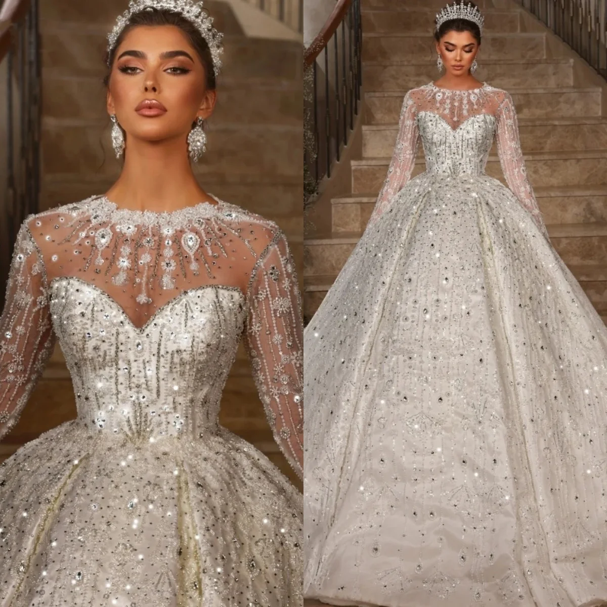 

Exquisite Wedding Dresses Sequins Beading O Neck Bridal Ball Gowns Rhinestone Long Sleeves Customized Bride Vestidos De Novia