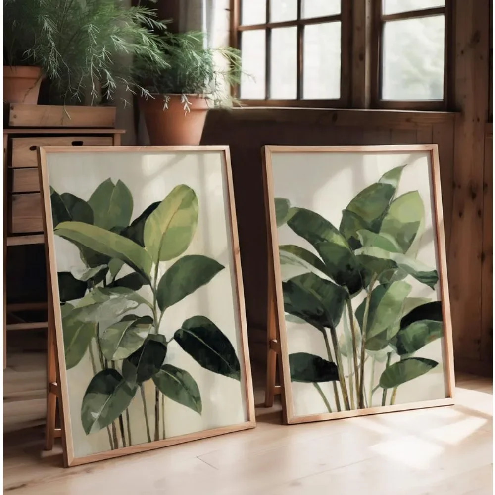 2pcs frameless Canvas Painting 2 Frameless Green Plant Prints, Modern Minimalist Plant Banyan Tree Wall Art, Digital Download, L
