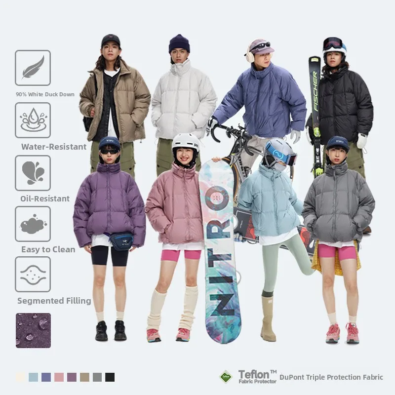 

Утепленная пуховая куртка унисекс с фторопокрытием для активного отдыха, воротник-стойка, наполнитель 90% пух, защита от воды TPU, модный бренд