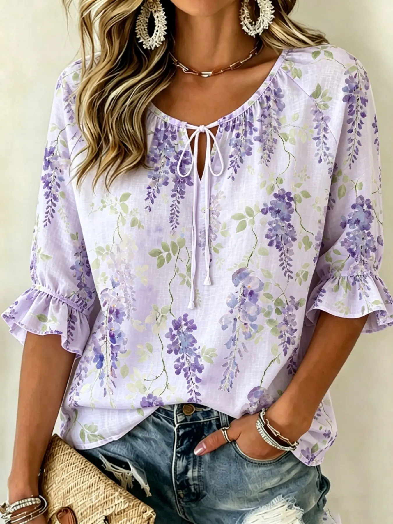 Women Wisteria Floral Print Blouse V Neck Tie Front 3/4 Ruffle Sleeve Loose Bohemian Casual Daily Vacation Tops