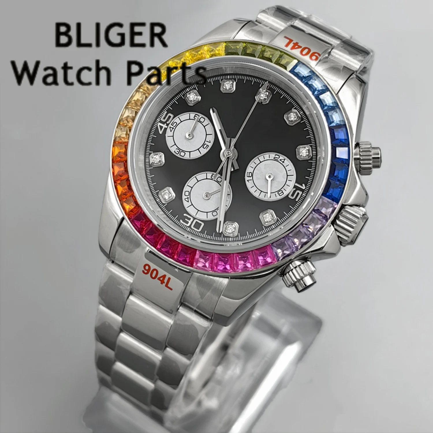 BLIGER Black Panda Dial Multicolour Bezel Chronograph VK63A Quartz Running Second Hand Men Watches Sapphire Glass Rubber Strap view 3