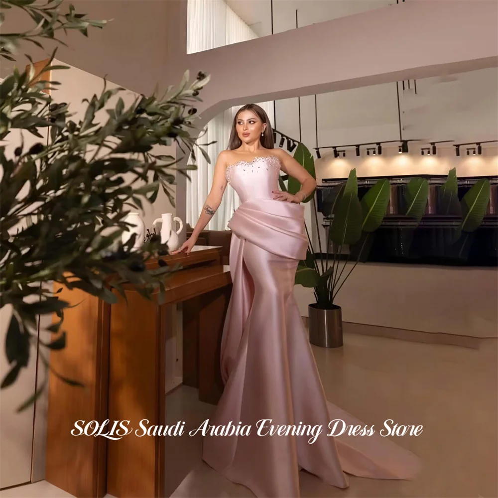 SOLIS Blush Pink Evening Dress Strapless Satin Prom Dresses Beading On Chest Party Formal Gown Wrap Hips robe de bal Customized
