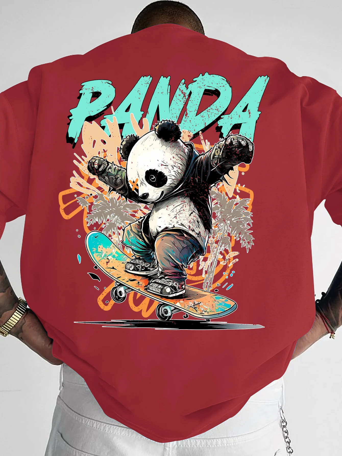 Men's American Retro Skateboarding Panda Printed T-Shirt, Loose Crew Neck Street Style Casual Top