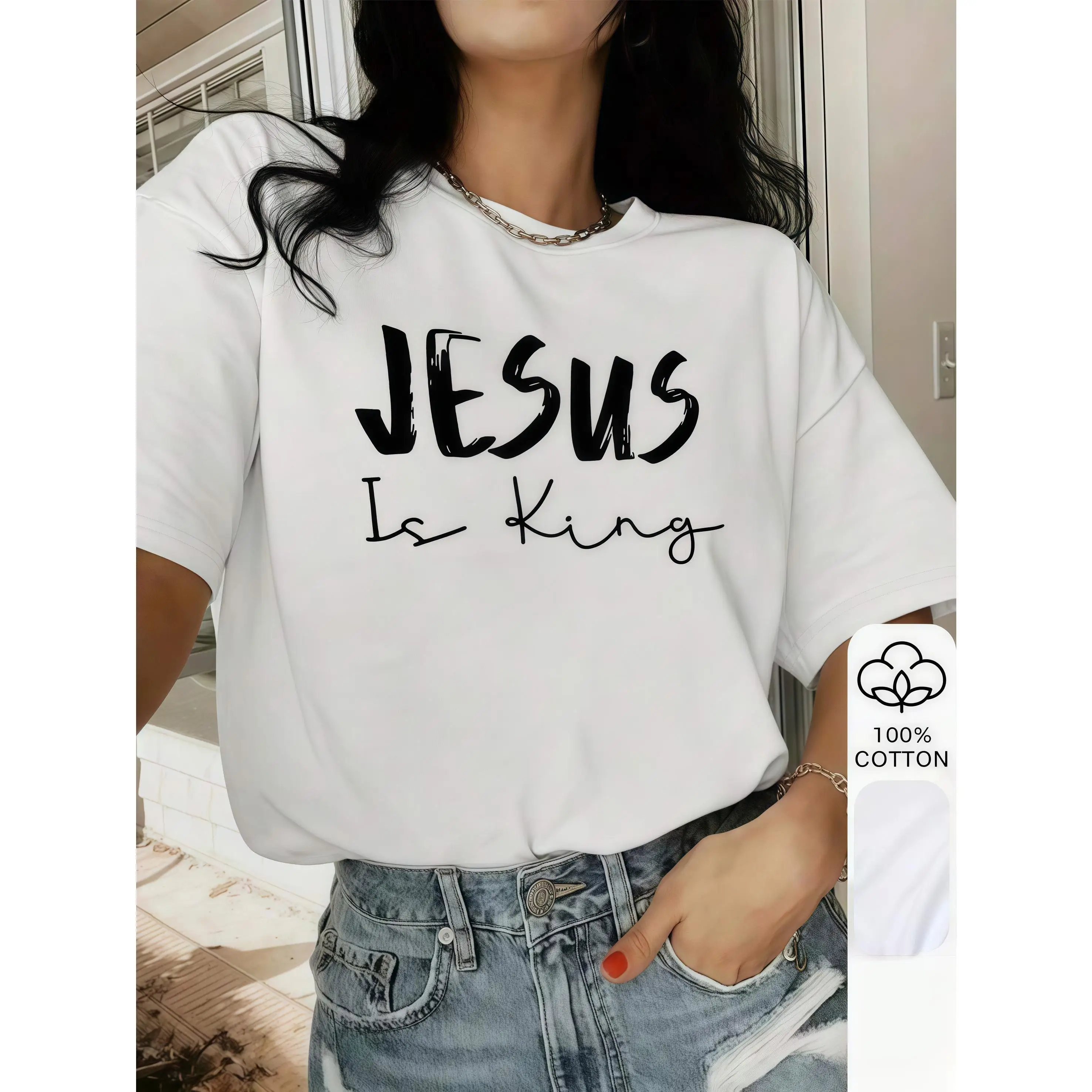 

Women's Christian T-Shirt "Jesus Is King" Faith Based Graphic Tee Spiritual Worship Apparel Religious Gift Top