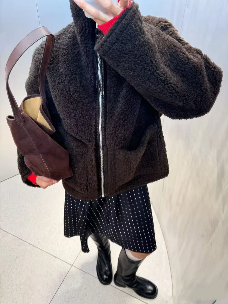 

Casual Loose Double-Sided Lamb Velvet Jaet with kets for Women Autumn Winter New Sle Zipper Closure Long Sve Coat