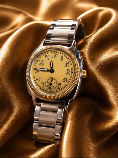 CILOA Men Cushion Shape Vintage Quartz Watch Small Second Sub-dial Golden Dial Two-tone Stainless Steel Bracelet Business Casual Wrist Watch-3549