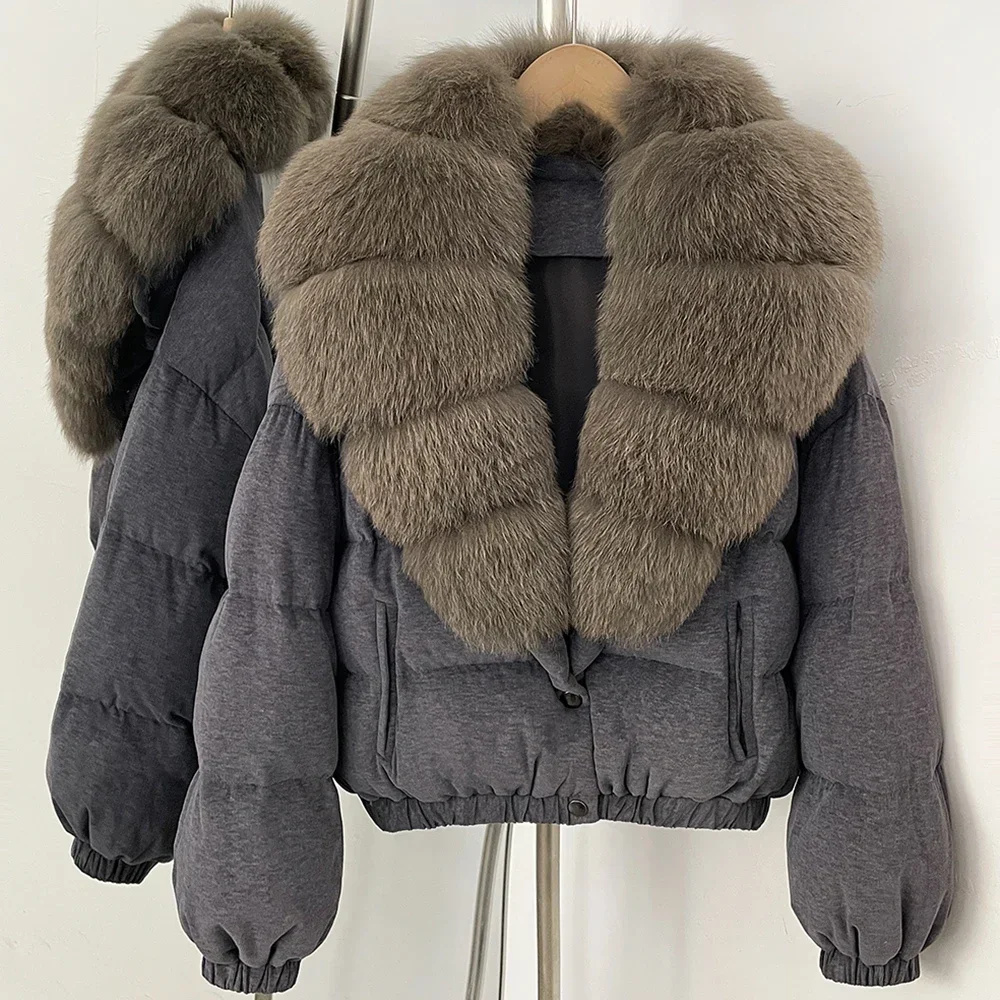 OFTBUY Neue Winterkleidung Übergroßer Echter Fuchspelz Kurzer Daunenmantel Damen 100% Baumwolle Waschbärpelz Entendaunen Pufferjacke Frauen – Detail 27