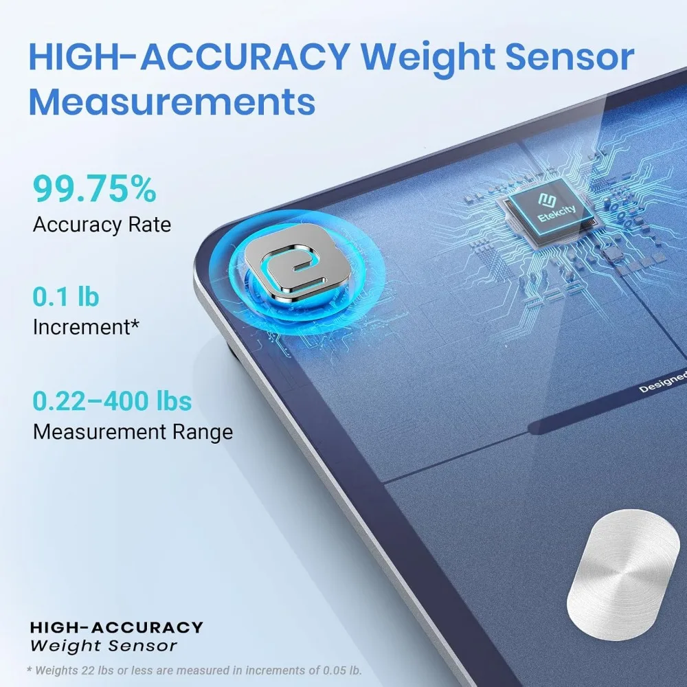 مقياس الجسم الرقمي الذكي مع تحليل نسبة الدهون في مؤشر كتلة الجسم، مزامنة تطبيق بلوتوث لتتبع اللياقة البدنية، سعة 400 رطل