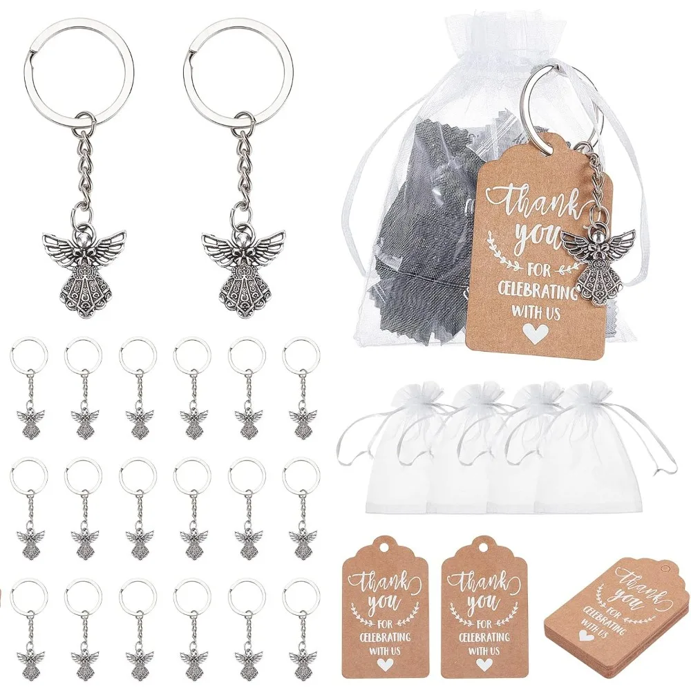 60pcs Angel Keychain Favors Set Guardian Angel Pendant Key Chain with White Organza Bags Thank You Tags Guest Return Gifts