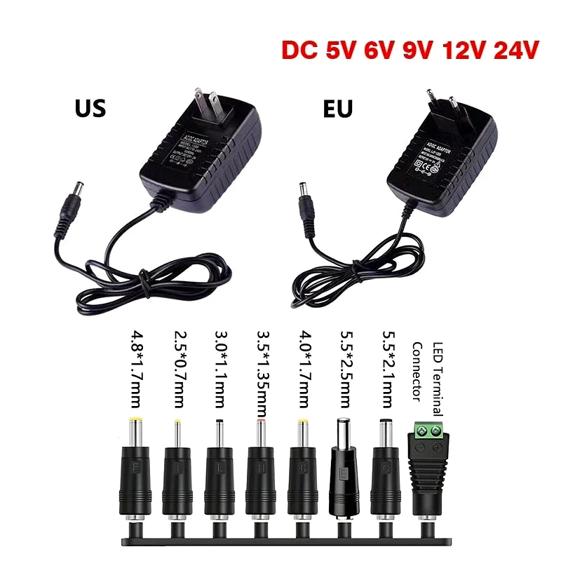 

AC 110V - 220V DC 5V 6V 9V 12V 24V 1A 2A 3A Power Supply Adapter 10V 15V 2A 3A DC Plug Converter EU US with 8pcs Connect Plug