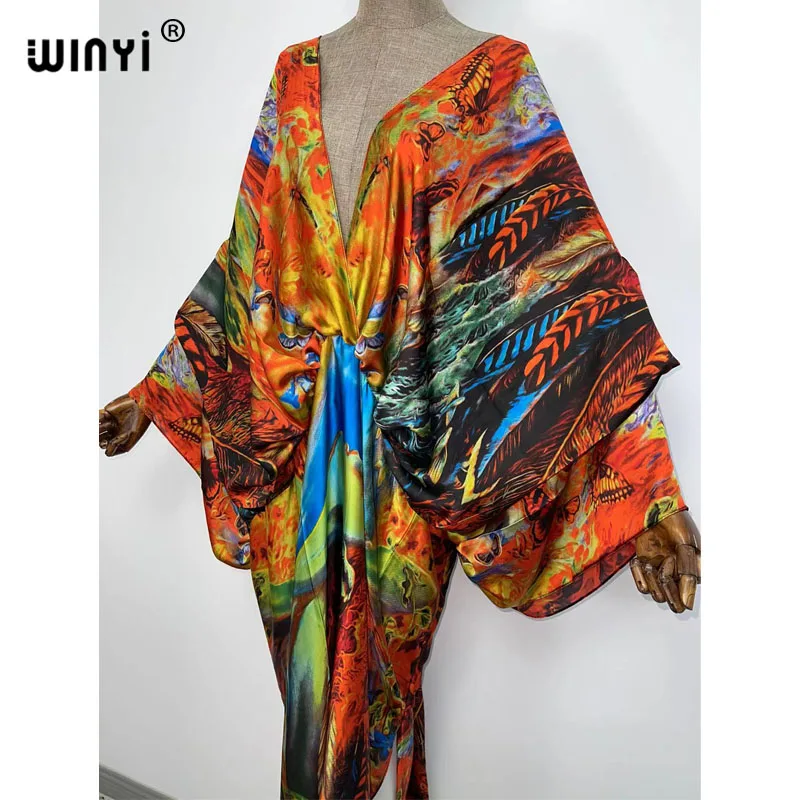 Sexy beach kaftan caftan feel silk rayon fashion print 2021 WINYI Maxi women's robes long sukienka V-neck Bohemian dress