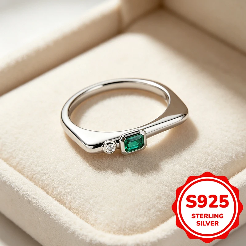 925 Sterling Silver Square Ring For Women Rectangular Emerald Cut Gemstone Ring Minimalist Geometric Band Fine Jewelry Gift