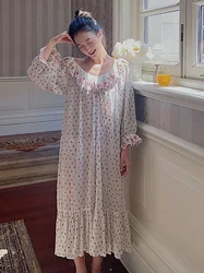 Women Spring Autumn Fairy Sleeping Nightgowns French Embroidery Vintage Princess Nightdress Sweet Girl Loose Victorian Sleepwear