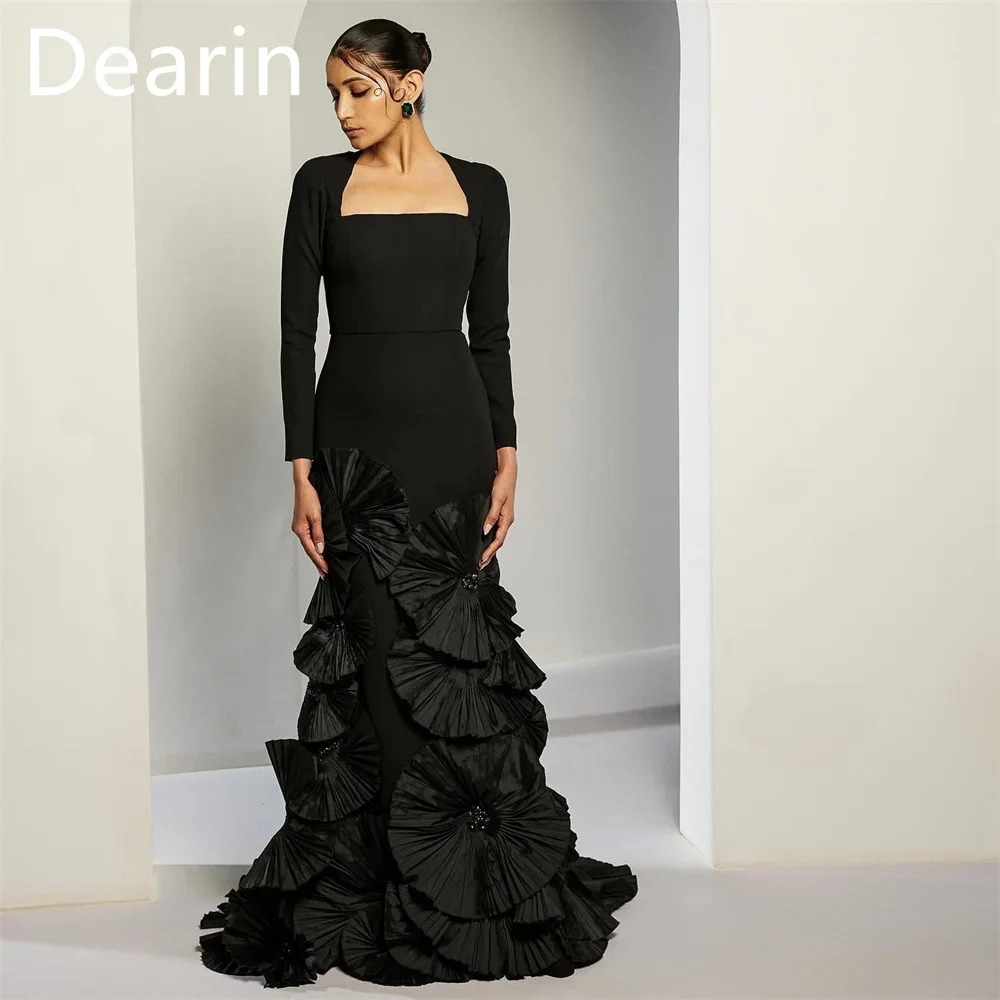 Customized Prom Gown Dearin Square Collar Sheath Floor Length Skirts Layered Bespoke Occasion Dresses Saudi Arabia Formal Evenin