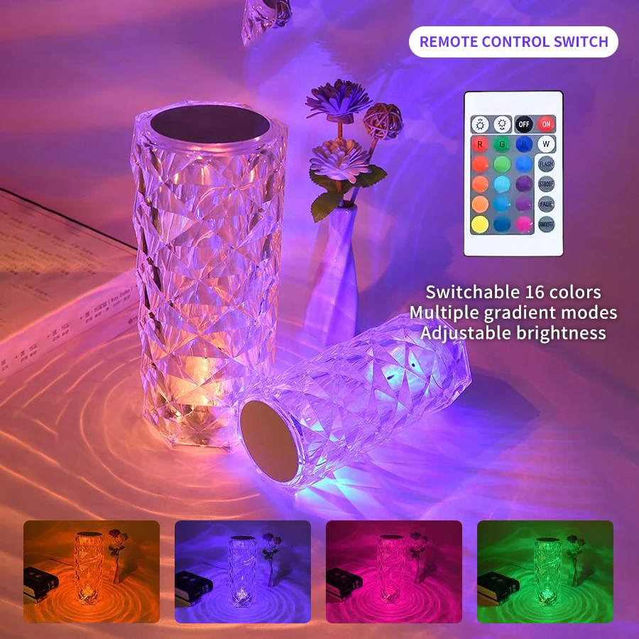 Rose Crystal Lamp USB Rechargeable Touch 16 Color RGB Atmosphere Lamp Decorative Desk Lamp Bedroom Bedside Room Night Light