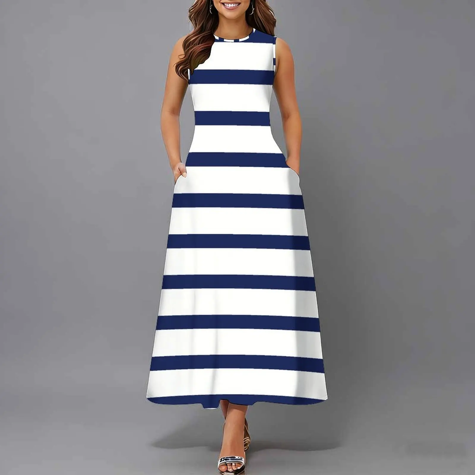 Women Sleeveless Long Maxi Dress With Pockets 3D Oil Painting Print Casual Loose Summer Vacation Party Sundress
