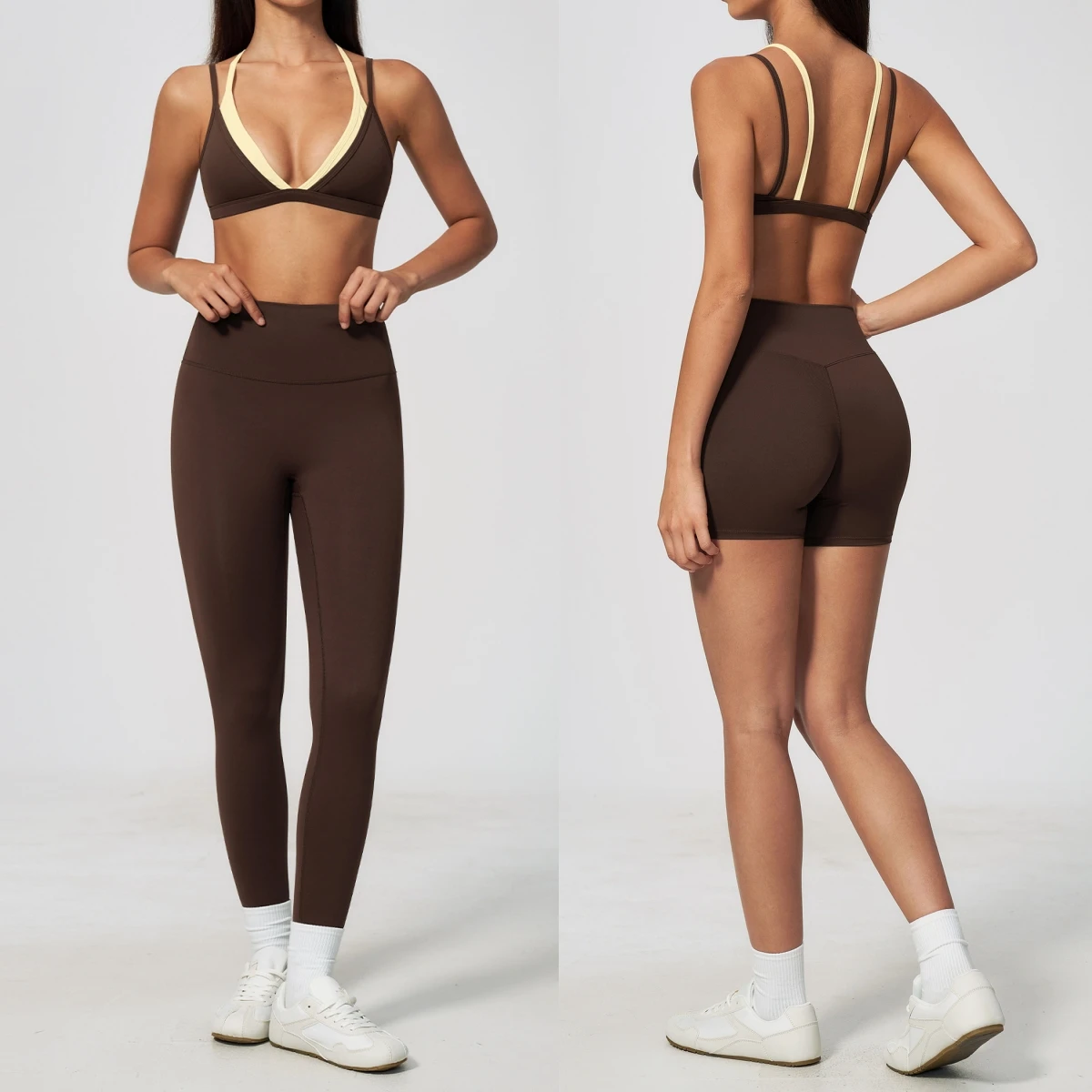 Women 2 Piece Yoga Set Color Block Double Strap Sports Bra High Waist Scrunch Butt Leggings Gym Training Suit Workout clothes