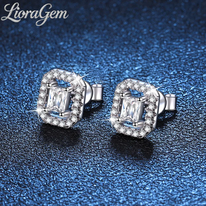 LioraGem Full-diamond Rectangular Earrings, High-End 50-Point D-Color Moissanite Stud Earrings for Women Platinum PT950 Stamp