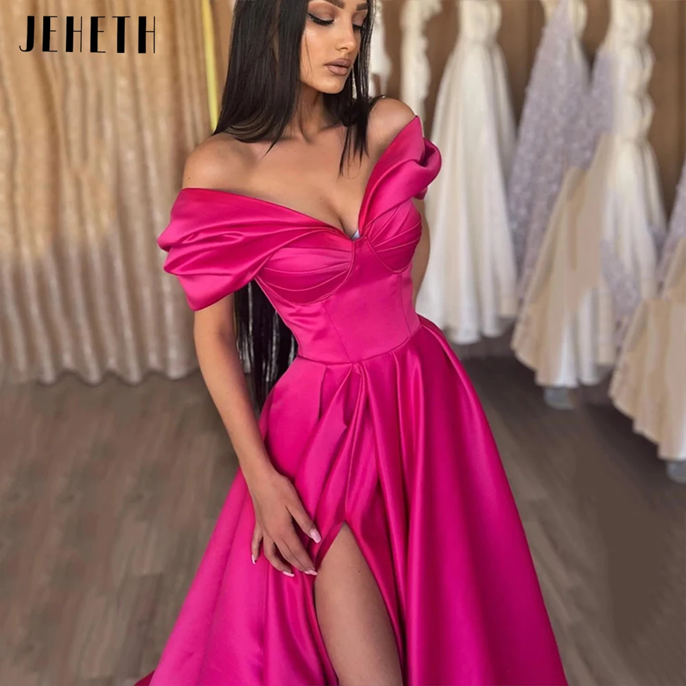 JEHETH Off the Shoulder Evening Dress Fuchsia Women Elegant Side Split Backless Satin A Line Prom Party Gown Vestidos De Festa