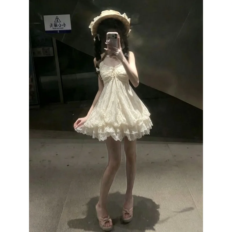 Y2K Japanisches Vintage-Kleid Lässig Elegantes Ästhetisches Harajuku Mehrlagiges Trägerkleid 2026 Streetwear Sommer Spitzen-Stufenkleid