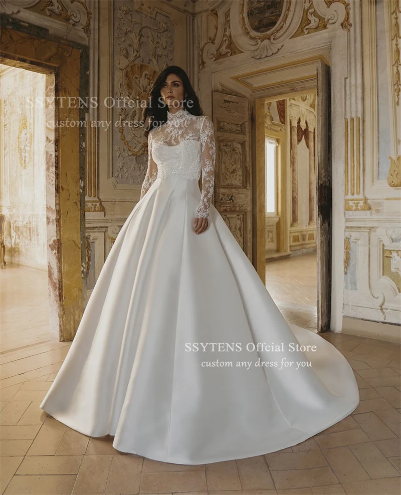 SSYTENS فساتين زفاف فاخرة من الدانتيل للمرأة برقبة عالية من الساتان زي العرائس بأكمام طويلة فستان عروس Vestidos De Novia مخصص