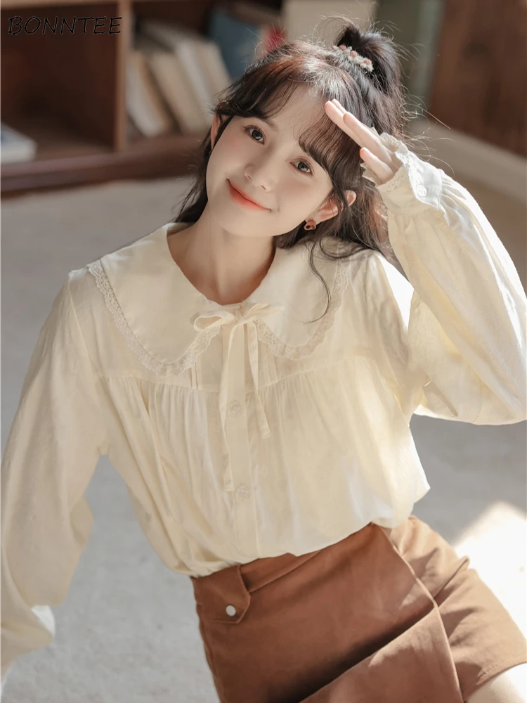 

Peter Pan Collar Shirts Women Loose Casual Sweet Lace Patchwork Simple Japanese Harajuku Spring Autumn Simple Tops Daily Chic