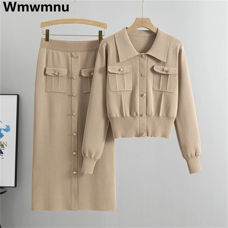 

Korean Knitted Skirts 2 Piece Sets Long Sleeve Sweater Jacket Conjuntos High Quality Spring Fall Women Straight Faldas Outfits