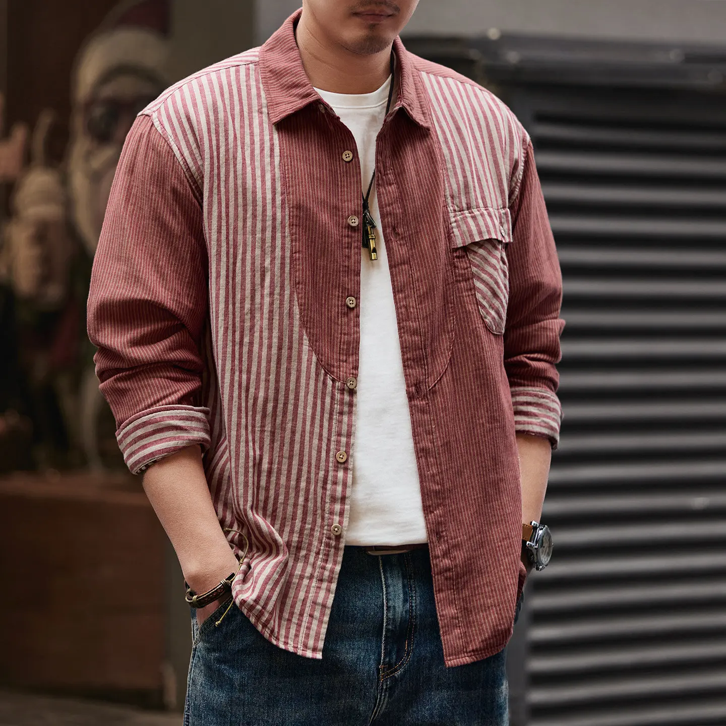 

Мужская новая рубашка с длинными рукавами из чистого хлопка в американском ретро-стиле, весенняя новинка, модная брендовая свободная рубашка-куртка в разноцветную полоску.