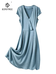 Birdtree 91.8% Real Silk 8.2% Spandex Dresses V-neck Short Sleeve Elegant Intellectual Style Dress 2023 Autumn New D39752QC