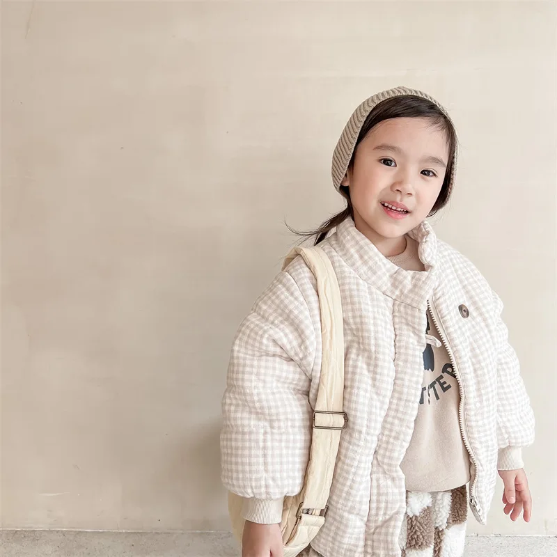 

Girl Top 2023 New Winter Korean Fashion Style Down Jacket Fleece Heavy Cotton Padded Clothes Plaid Long Sleeve Top Kid Clothes