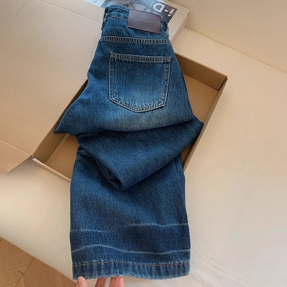 Nep tweedelige donkerblauwe jeans dames Amerikaanse stijl hoge taille smalle denim broek met rechte pijpen Designer Lady losse volledige broek