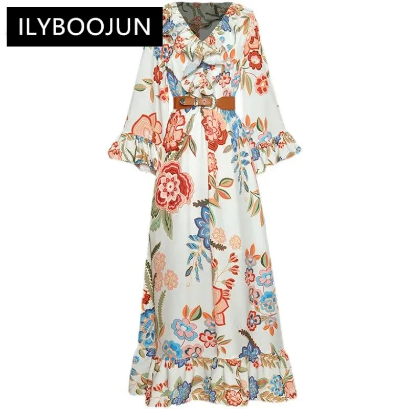 

ILYBOOJUN New 2021 Fashion Runway Summer Vintage Midi Dress Women Loose Flare Sleeve Floral print Ruffles Elegant Vacation Dress