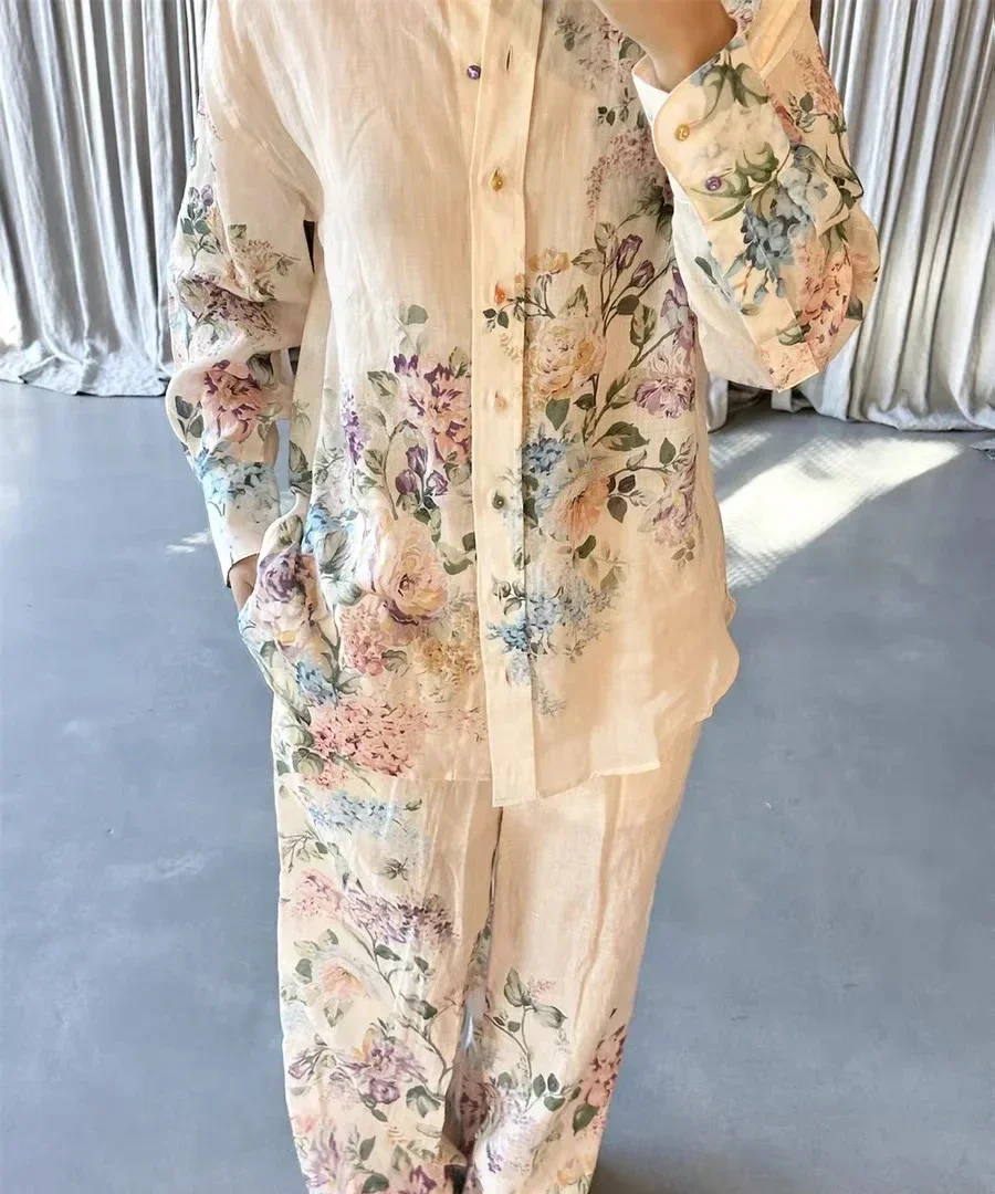 Z 2024 Australia Station Spring/Summer New Advanced Silk Cotton Printed Wide Leg Pants Set Elegant Set Women's Two Piece Set